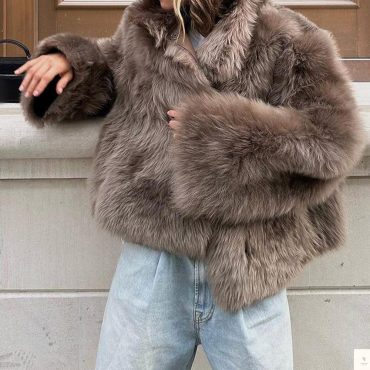 Brown Faux Fur Short Jacket | Women's Warm Winter Coat | Casual Fluffy Outerwear | Gift for Wife, Sister, Girlfriend