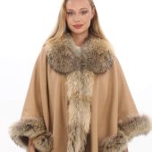 Luxury Camel Cashmere Cape with Fox Fur Trim – Elegant Winter Wrap for Women – One Size Fits All
