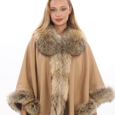 Luxury Camel Cashmere Cape with Fox Fur Trim – Elegant Winter Wrap for Women – One Size Fits All
