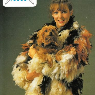 vintage womens coat knitting pattern ladies shaggy fur jacket and scarf worked in double knitting yarn